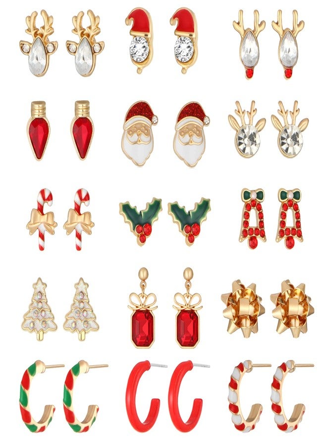 DOLLESS Christmas Stud Earrings for Women Chirstmas Tree Snowflake Bow Gift Box Santa Claus Gingerbread Earrings Set Xmas Holiday Gifts (A-15 Pairs) - Image 1